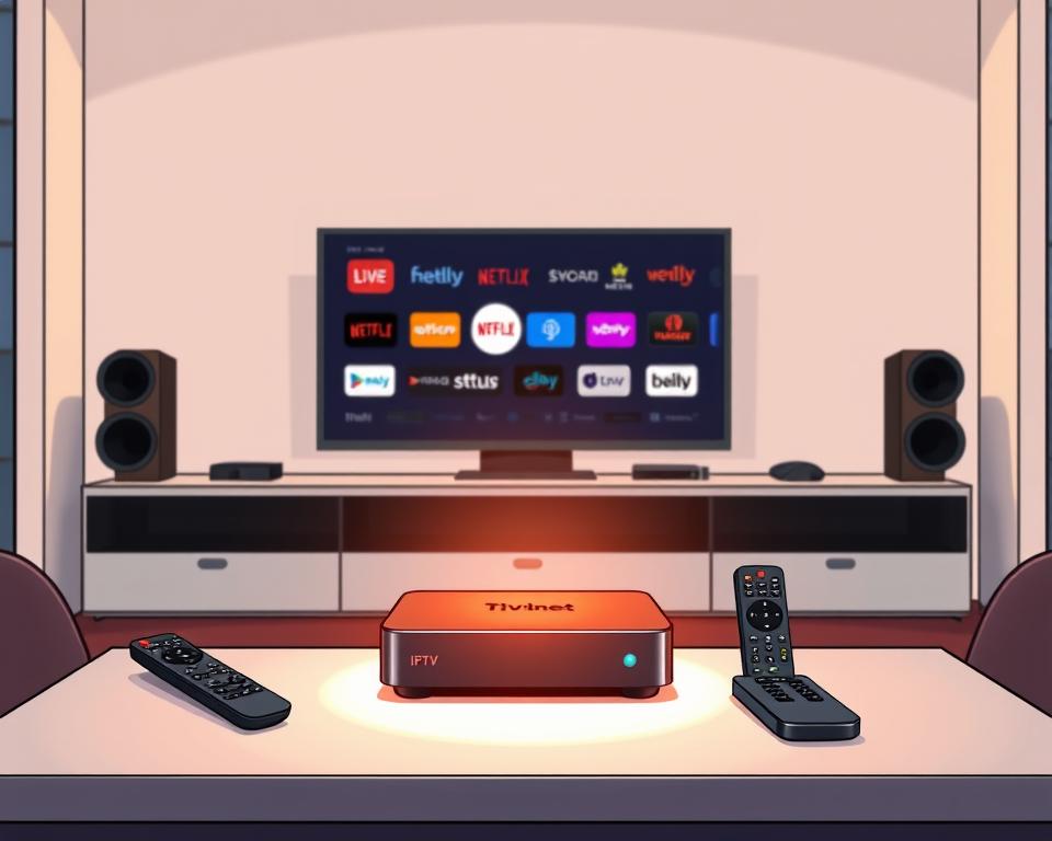 An IPTV box standing prominently on a modern, minimalist table, surrounded by various streaming service logos and remote controls. The box is illuminated by a warm, indirect light, casting a soft glow on the scene. In the background, a sleek, high-tech entertainment system setup with clean lines and a neutral color palette. The overall atmosphere is one of sophistication and technological prowess, reflecting the power and convenience of the IPTV box and its integration with popular streaming services. The Tivi Planet brand is subtly displayed on the IPTV box.