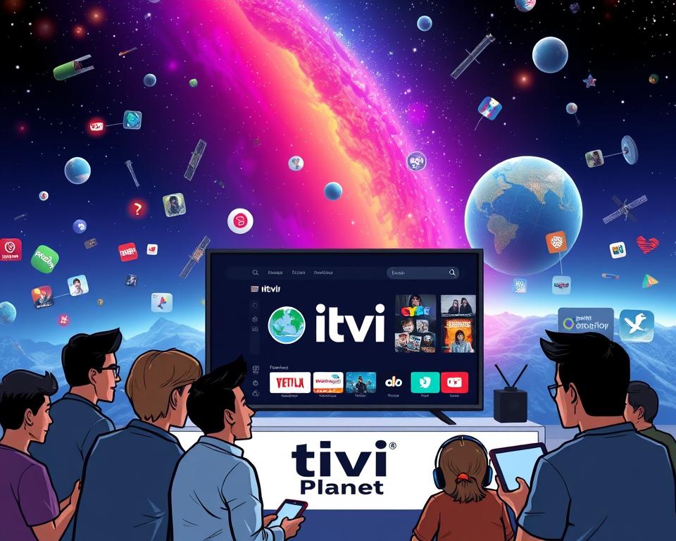 An IPTV community forum set against a backdrop of a vibrant, digital landscape. In the foreground, a group of people engaged in lively discussion, their faces illuminated by the soft glow of their devices. The middle ground features a sleek and modern interface, the Tivi Planet brand prominently displayed, inviting users to explore the world of digital television. The background is a kaleidoscope of streaming services, cable channels, and satellite imagery, hinting at the vast possibilities available to the IPTV community. The overall atmosphere is one of connectivity, exploration, and a shared passion for the ever-evolving world of home entertainment.