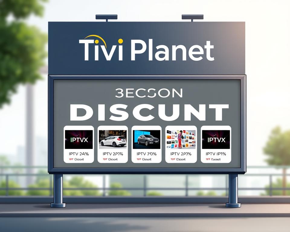 An elegant IPTV discount offer displayed on a stylish, modern billboard. The billboard features the Tivi Planet brand name in a bold, eye-catching font. In the foreground, a collection of IPTV packages are showcased, each with a prominent discount percentage. The middle ground features a sleek, minimal design aesthetic, with clean lines and a neutral color palette of grays, whites, and blues. The background is softly blurred, creating a sense of depth and focus on the central offer. The overall mood is one of sophistication, professionalism, and value, reflecting the high-quality IPTV services available at reduced prices.