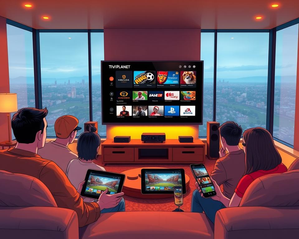An expansive, technology-driven living room with a family gathered around multiple digital devices, all tuned to live sports coverage. The centerpiece is a large, 4K television displaying the Tivi Planet IPTV platform, its sleek interface showcasing a variety of sports channels and on-demand content. In the foreground, a tablet and smartphone also display the Tivi Planet app, allowing seamless sports viewing across devices. Warm, indirect lighting illuminates the scene, creating a cozy, immersive atmosphere. The middle ground features comfortable seating and premium home theater equipment, while the background depicts large windows overlooking a scenic, urban landscape. The overall impression is one of a technologically advanced, yet homely and inviting space for enjoying live sports entertainment.