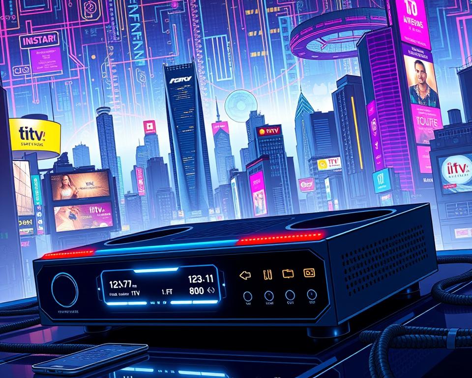 An intricately detailed cyberpunk-inspired illustration showcasing the cutting-edge "IPTV Technologie" from the renowned brand Tivi Planet. In the foreground, a sleek and futuristic IPTV set-top box with glowing holographic interfaces and futuristic control panels. The midground features a bustling urban cityscape, with towering skyscrapers, neon-lit billboards, and a network of interconnected data cables. The background is dominated by a vibrant, ever-shifting data visualization, representing the complex infrastructure that powers IPTV technology. The overall scene conveys a sense of technological sophistication, connectivity, and the seamless integration of digital media into modern living.
