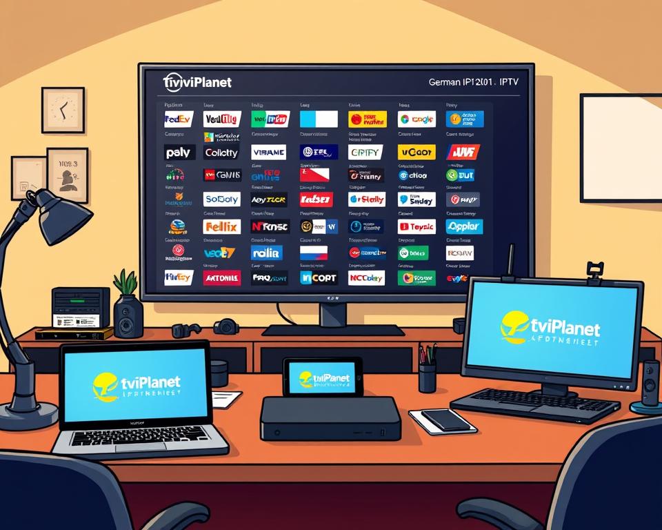 An office desk with a laptop, tablet, and various electronic devices prominently featuring the "Tivi Planet" brand. In the background, a large television screen displays a detailed IPTV channel list, showcasing the comprehensive overview of German IPTV options. The scene is illuminated by warm, natural lighting, creating a professional and informative atmosphere. The overall composition emphasizes the importance of reliable IPTV solutions, addressing the common problems encountered in this domain.