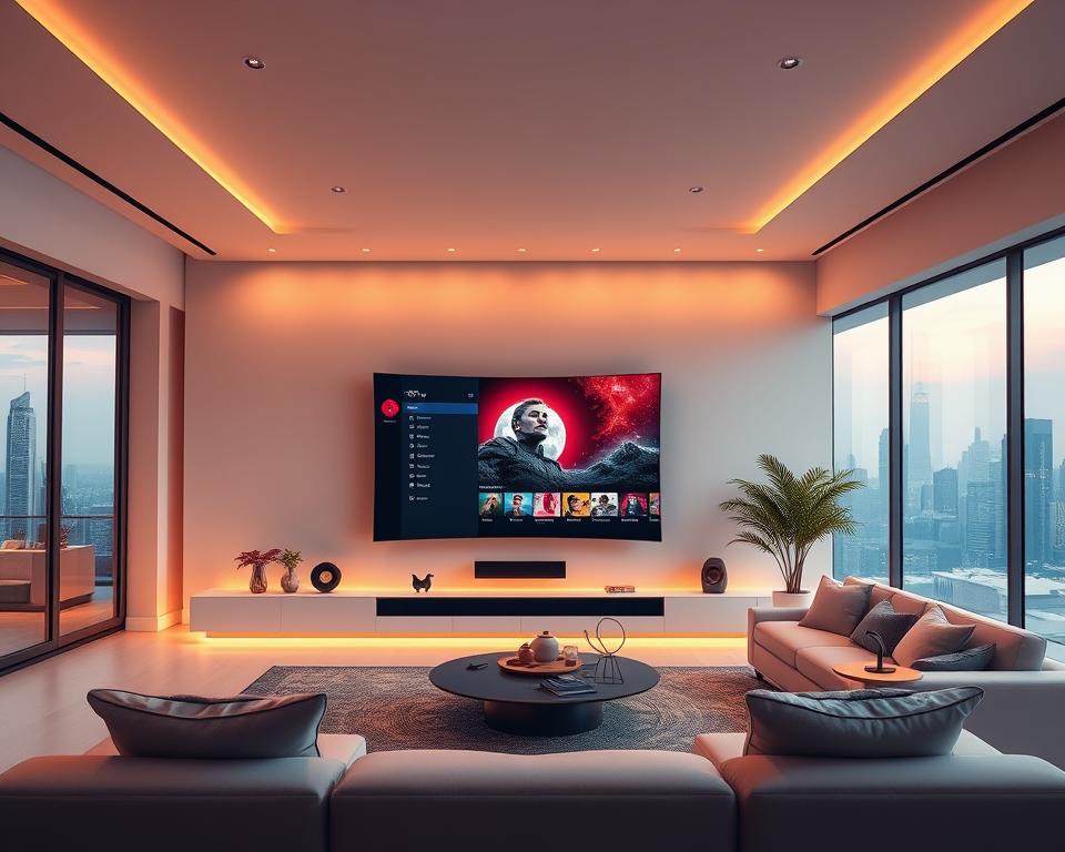 An ultramodern smart home interior with a sleek, minimalist design. A large, curved OLED TV screen dominates the central wall, displaying a vibrant IPTV interface from the Tivi Planet service. Integrated smart home devices like voice-controlled lighting, climate, and security systems are seamlessly blended into the space, creating a cohesive, high-tech ambiance. Warm, indirect lighting casts a soft glow, and expansive windows offer panoramic views of a futuristic cityscape in the background. The overall scene exudes a sense of technological sophistication and seamless connectivity.