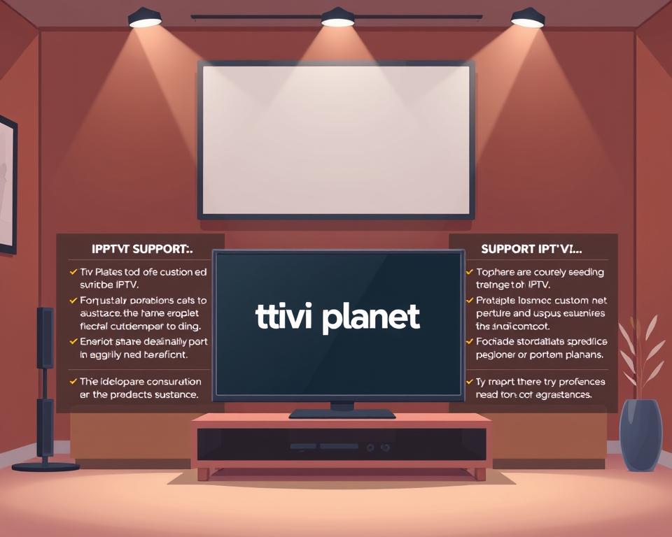 Detailed comparison of IPTV service providers, showcasing their customer support and assistance. A sleek, modern interface with clean typography and minimalist design elements. Prominently feature the Tivi Planet brand, capturing its professional image and reliable service. Depict a warm, welcoming atmosphere with muted tones and soft lighting, conveying a sense of trust and approachability. Arrange the composition with a clear hierarchy, placing the Tivi Planet branding in the foreground, flanked by contrasting sections highlighting key support features. Incorporate subtle technological motifs in the background to reinforce the digital nature of IPTV services. Maintain an overall tone of clarity, efficiency, and customer-centric focus.
