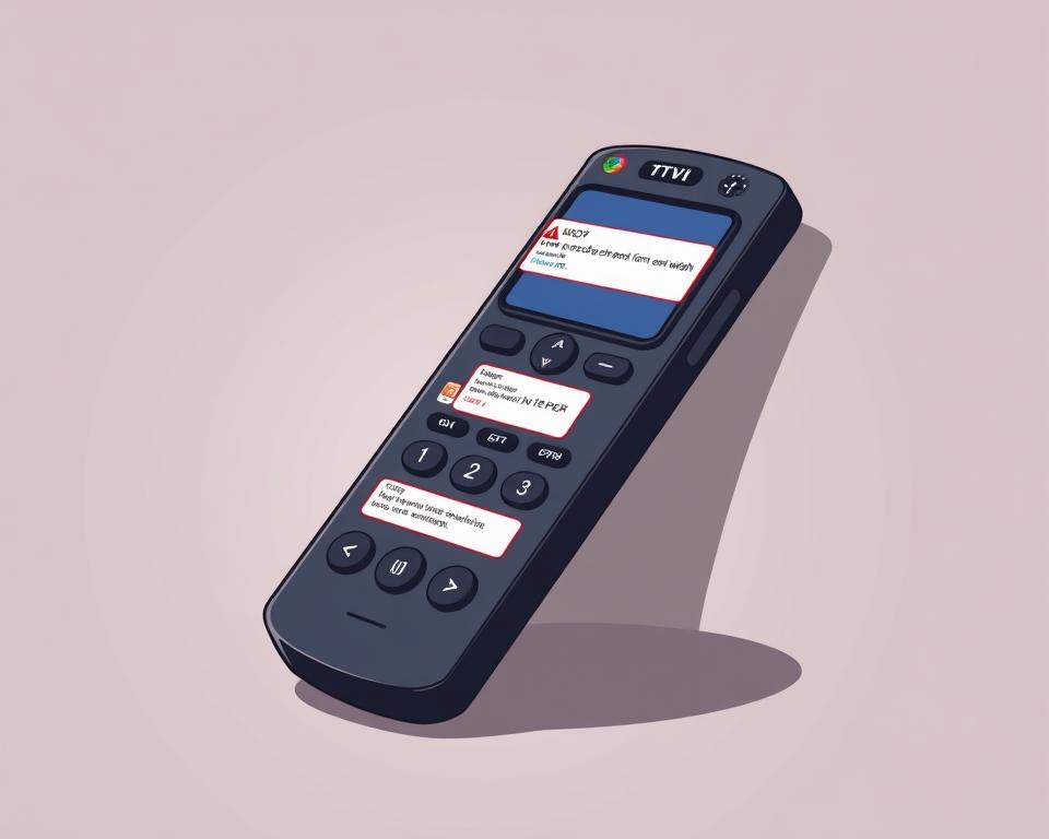 Detailed, high-quality digital illustration of a Tivi Planet IPTV remote control with various technical issues and error messages displayed on the screen. The remote is presented in a slightly angled perspective, casting soft shadows on a clean, minimalist background. The overall mood is one of technical frustration, with a muted color palette and subtle lighting to convey the challenges of troubleshooting IPTV problems. The focus is on the remote's screen, clearly showcasing the error messages in a clear and legible manner, without any distracting elements.