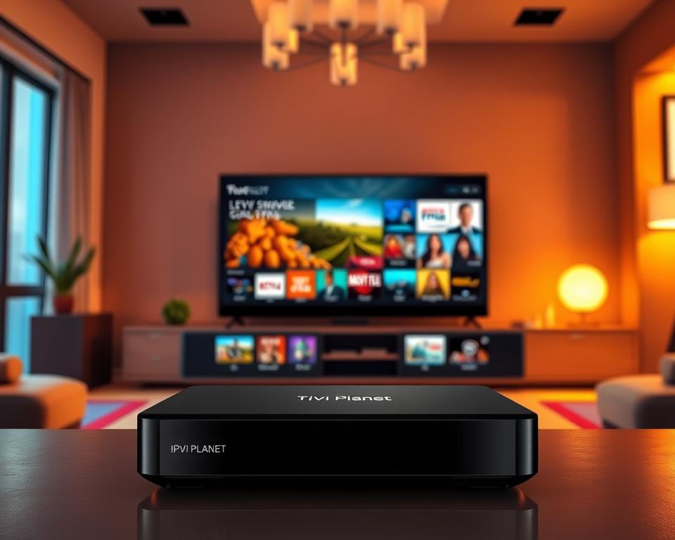 Detailed image of a modern IPTV box from the Tivi Planet brand. The device is shown in the foreground, sleek and minimalist in design, with clean lines and a glossy black finish. The middle ground features a dynamic display showcasing the diverse content options available, from live TV channels to on-demand movies and shows. In the background, a vibrant and immersive living room setting, with a large flat-screen TV taking center stage, symbolizing the seamless integration of the IPTV box into the home entertainment system. The lighting is warm and inviting, creating a cozy atmosphere that enhances the viewing experience. The overall composition conveys the convenience, versatility, and entertainment value of the Tivi Planet IPTV box.
