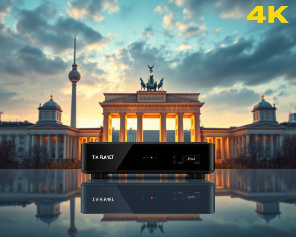 High-quality 4K ultra-wide cinematic landscape showcasing a modern, sleek IPTV set-top box from the brand Tivi Planet against a backdrop of the German flag and the city skyline of Berlin. The device is prominently displayed, its premium design and high-end features accentuated by dramatic studio lighting and a shallow depth of field. The scene conveys a sense of professionalism, reliability, and legal access to a wide range of streaming content for the German market.