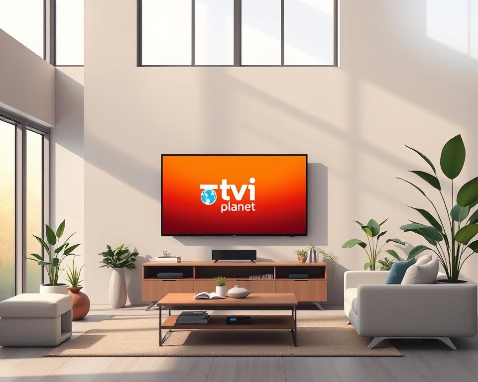 High-quality IPTV provider with a sleek, modern interface showcasing the Tivi Planet brand. A spacious living room setting with large windows letting in natural light, casting a warm glow. A high-end smart TV takes center stage, displaying vivid, crystal-clear content. Minimal clutter, clean lines, and muted colors create a sophisticated, premium atmosphere. Strategically placed plants and decorative elements add depth and texture. The overall scene conveys a sense of comfort, entertainment, and technological superiority.