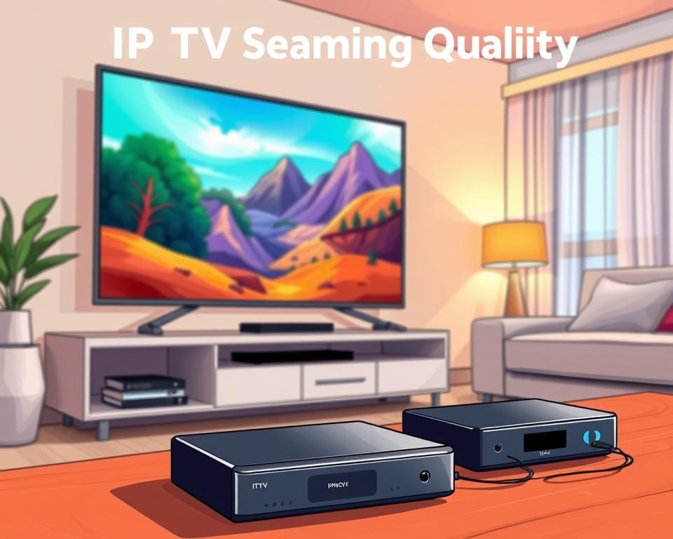 Prompt A vibrant and detailed illustration of IPTV streaming quality, showcasing a modern living room setup. In the foreground, a high-definition television screen displays a clear, crisp image with vivid colors and sharp details. The middle ground features a sleek, minimalist media console with a Tivi Planet IPTV box connected, indicating seamless streaming capabilities. The background depicts a cozy, well-lit environment with warm lighting and subtle textures, creating a comfortable and immersive atmosphere. The overall scene conveys the exceptional visual experience and reliable performance of IPTV technology.