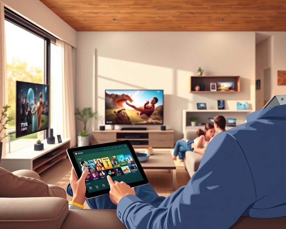 Tivi Planet: A modern living room interior, filled with cozy natural light. Sleek smart TVs and devices are elegantly displayed, showcasing the versatility of IPTV streaming across multiple platforms. The scene exudes a sense of technological sophistication and seamless entertainment integration. In the foreground, a person comfortably navigates an intuitive IPTV interface on a tablet, while in the background, family members enjoy immersive content on various screens. The overall composition highlights the convenience and accessibility of IPTV, creating a harmonious and inviting atmosphere for digital media consumption.