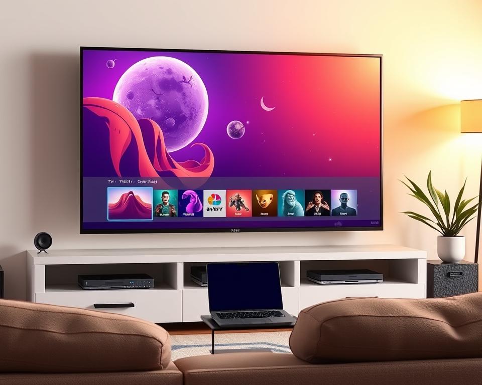 Tivi Planet - A modern, minimalist home entertainment setup showcasing IPTV streaming capabilities. A sleek TV display dominates the foreground, surrounded by a neatly organized media console. The screen displays a vibrant, 4K HDR image with a smooth, high-bitrate stream. In the middle ground, a laptop or streaming device is visible, representing the internet connectivity required for IPTV. The background features warm, ambient lighting and a clean, contemporary interior design, conveying the ideal environment for immersive IPTV entertainment. The overall scene exudes a sense of technological sophistication and media-rich home living.