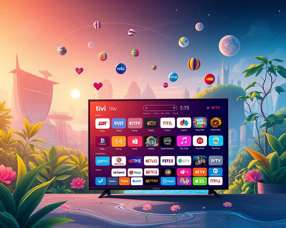 Tivi Planet - a lush digital paradise, where IPTV streaming flows like a river of endless entertainment. In the foreground, a sleek smart TV commands attention, its screen depicting a vibrant array of streaming services, live channels, and on-demand content. In the middle ground, floating icons and symbols symbolize the seamless integration of technology, convenience, and accessibility. The background showcases a serene, futuristic cityscape, bathed in a warm, inviting glow, hinting at the boundless possibilities of this IPTV streaming utopia. Soft, ambient lighting casts a cinematic aura, capturing the essence of a modern, immersive viewing experience.