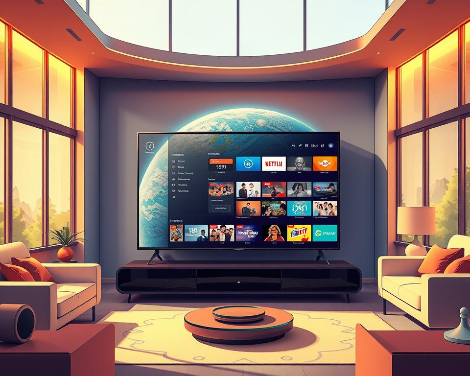 Tivi Planet, a vibrant and futuristic IPTV streaming experience. Showcase a living room with a large, state-of-the-art TV set taking center stage, surrounded by sleek, modern furniture and accents. Display the TV screen with a captivating display of various entertainment options, from live TV to on-demand content, all in stunning 4K resolution. Bathe the scene in warm, natural lighting from large windows, creating a cozy and inviting atmosphere. Emphasize the convenience and versatility of IPTV streaming, with seamless integration of diverse content sources and intuitive user controls. Convey a sense of endless possibilities for entertainment and relaxation in the comfort of one's own home.