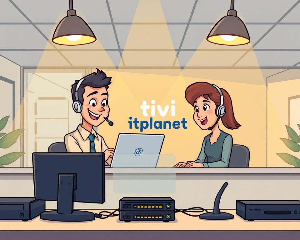 Tivi Planet customer support desk, lit by warm overhead lighting, with a friendly agent assisting a client using a laptop. The scene conveys a welcoming and professional atmosphere, with subtle branding elements like the Tivi Planet logo visible. The middle ground features technical equipment and communication devices, while the background suggests a modern, well-equipped office space. The overall mood is one of reliable and responsive IPTV support, ready to address the user's needs.